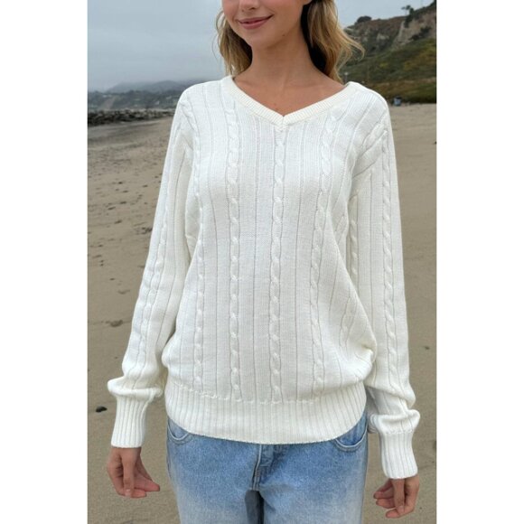 Brandy Melville Ida Cotton Blend Cable Knit Ivory V-Neck Oversized Sweater - Picture 2 of 7